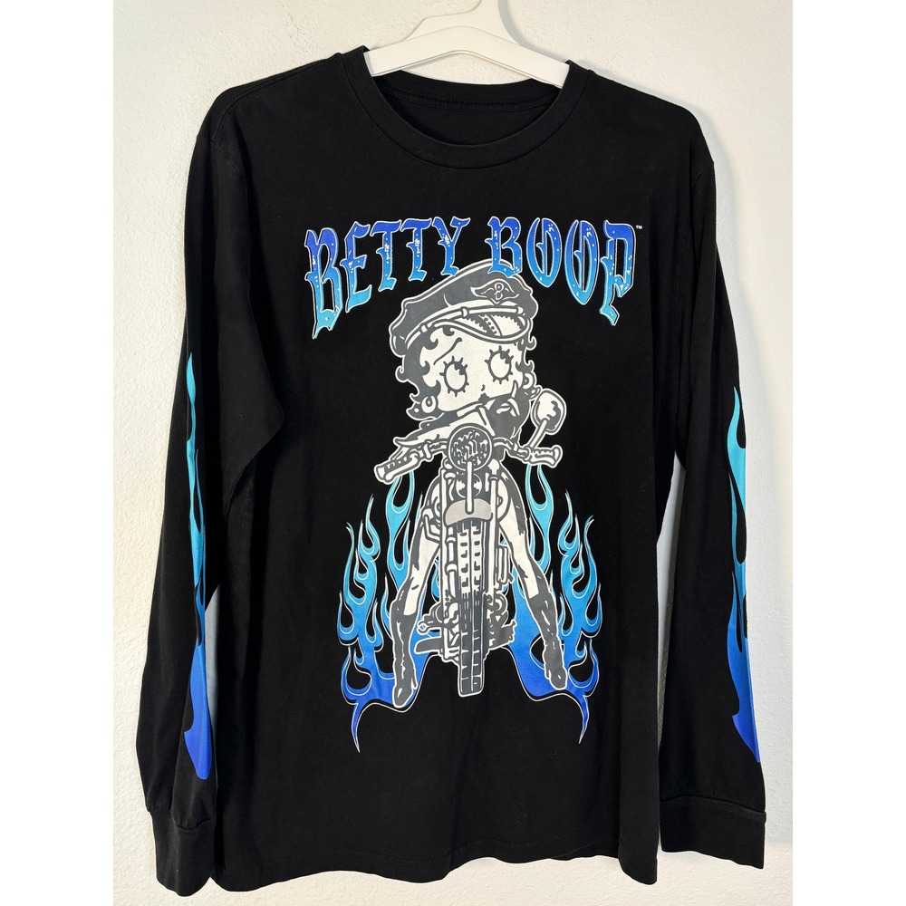 Betty Boop Biker Motorcycle Long Sleeve Graphic Tee Black Blue Flames Small